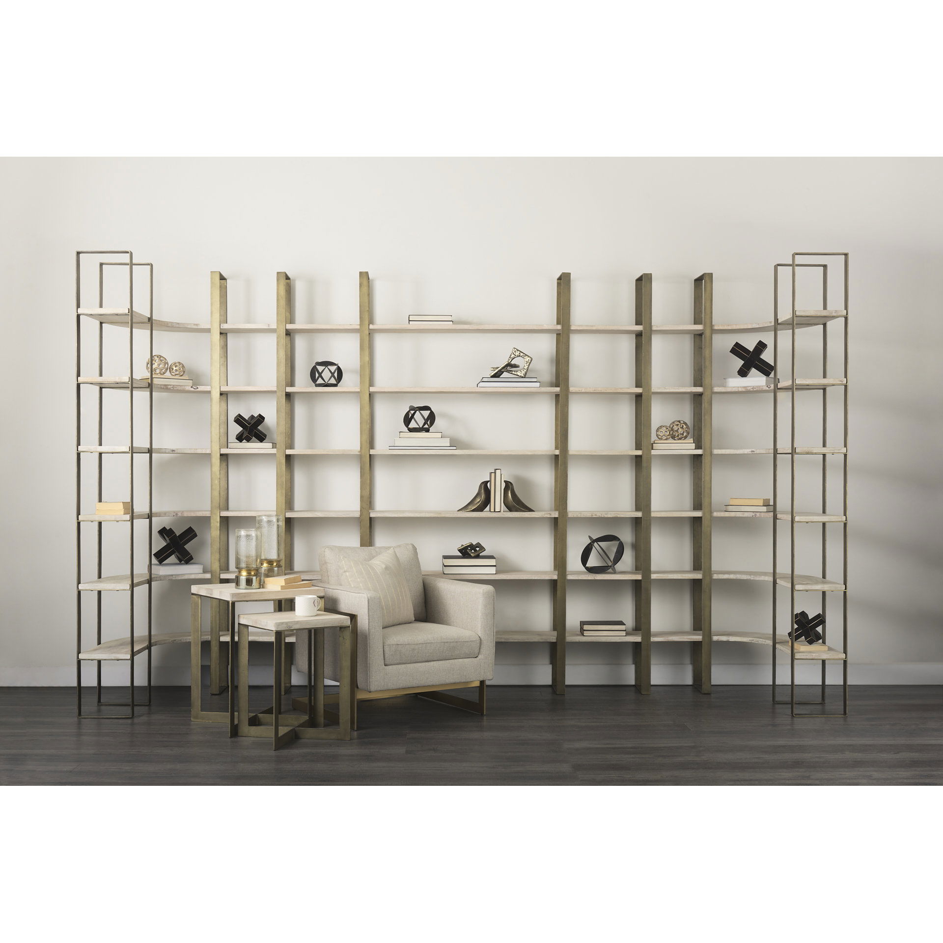 Taunton 80L x 10.5W x 90H Light Brown Wood with Gold Metal Frame 6 Tier Shelving Unit, Shelving & Bookcase by Mercana, 80" length x 10.5" width x 90" height View 2