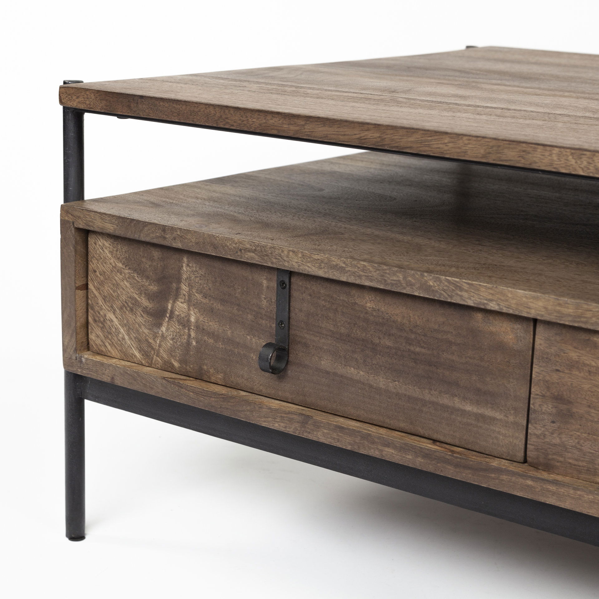 Glenn II 54x30 Dark Brown Wood with Black Iron Frame, Rectangle 3 Drawers Coffee Table, by Mercana, 55.75" length x 30.5" width x 17" height View 14