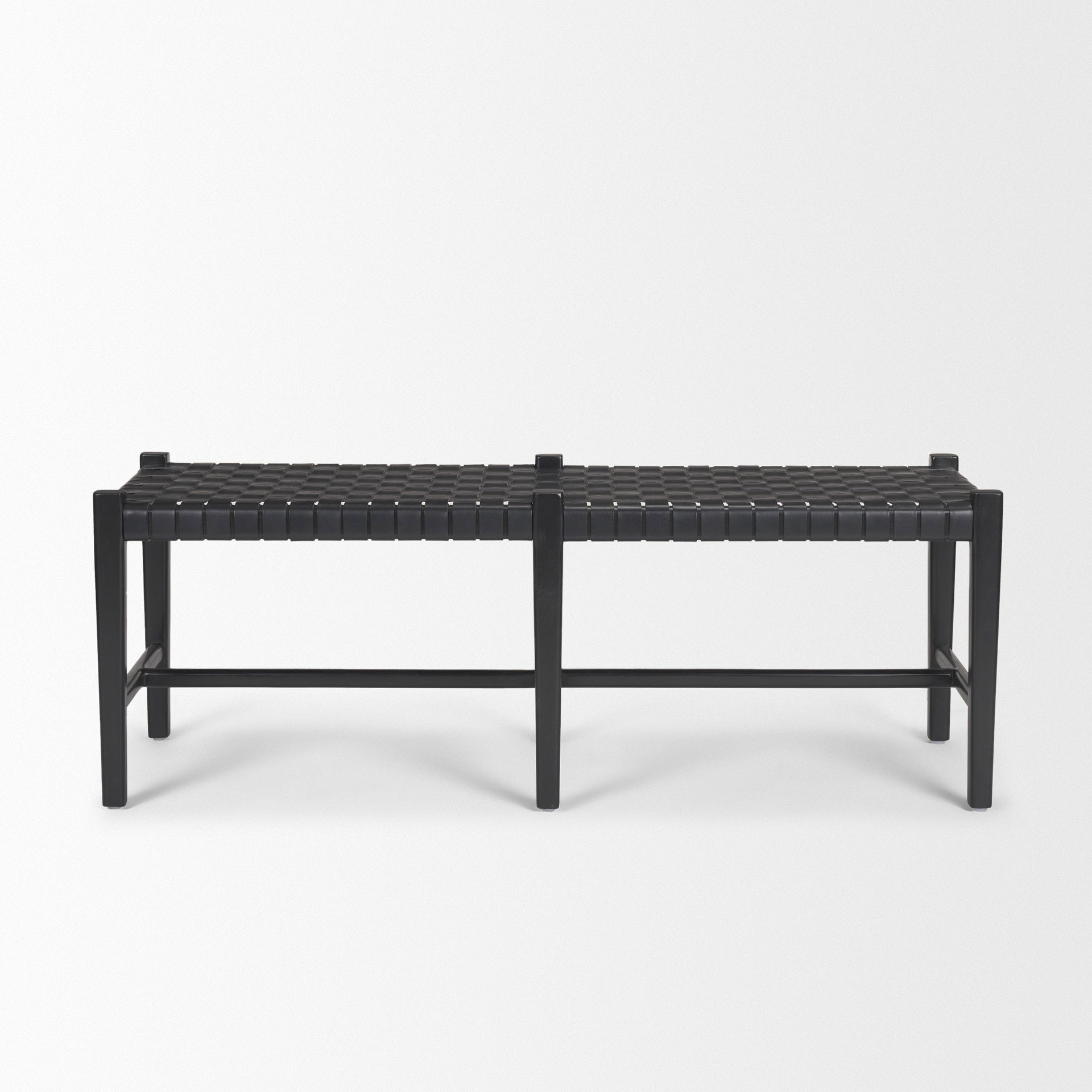 Shane Black Wood with Woven Black Leather Bench, Benche by Mercana, 52" length x 16.5" width x 18.75" height View 5