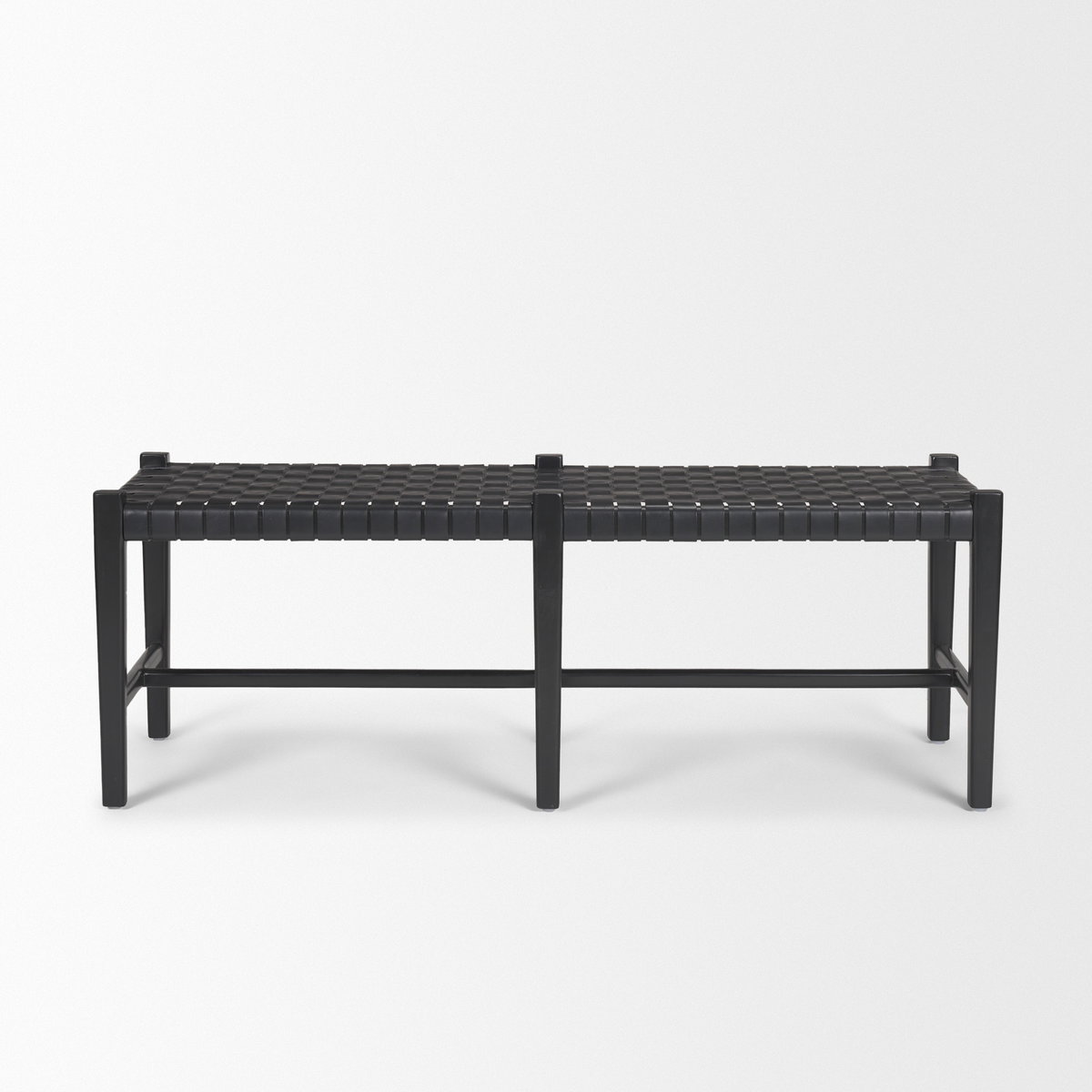 Shane Black Wood with Woven Black Leather Bench, Benche by Mercana, 52" length x 16.5" width x 18.75" height View 5