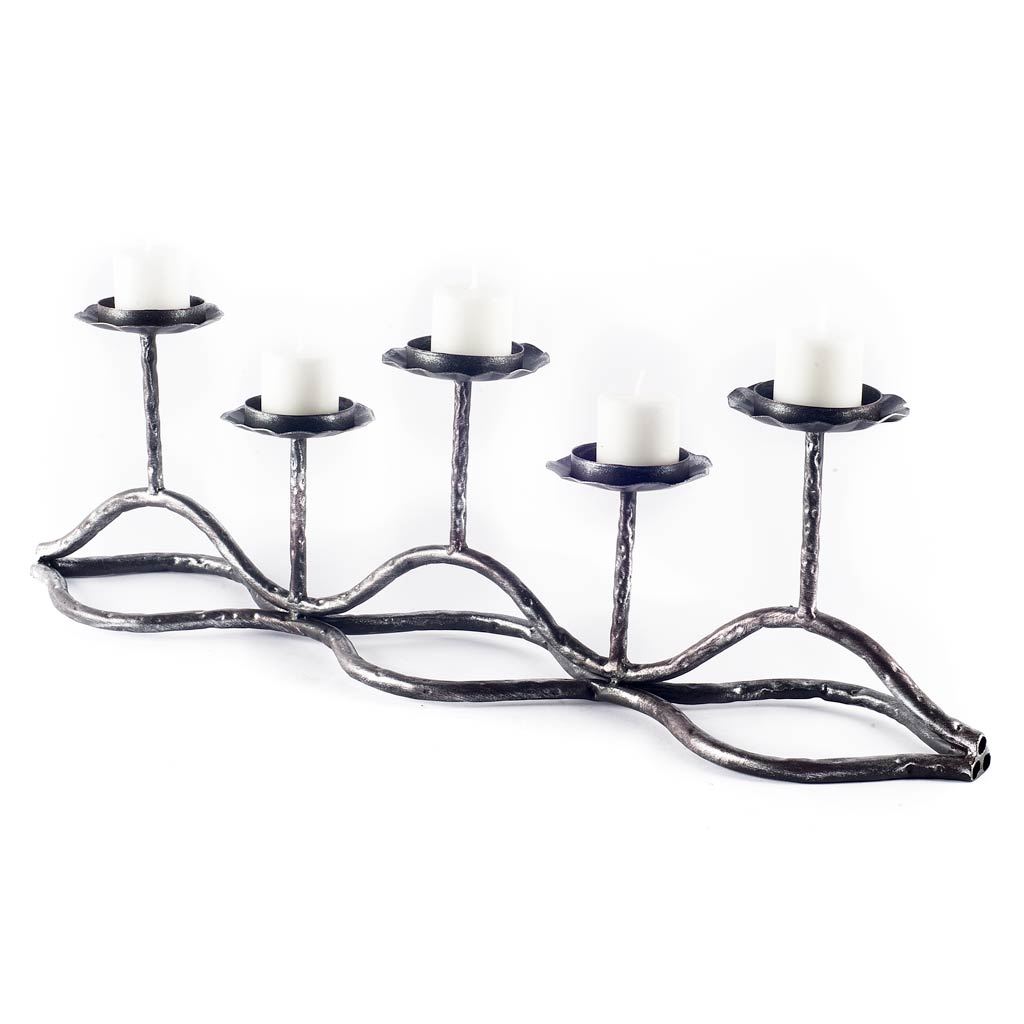 Orville Black Metal Pipe Five Tealight Table Candle Holder, Candles & Candle Holder by Mercana, 21.75" length x 4" width x 6.5" height View 1