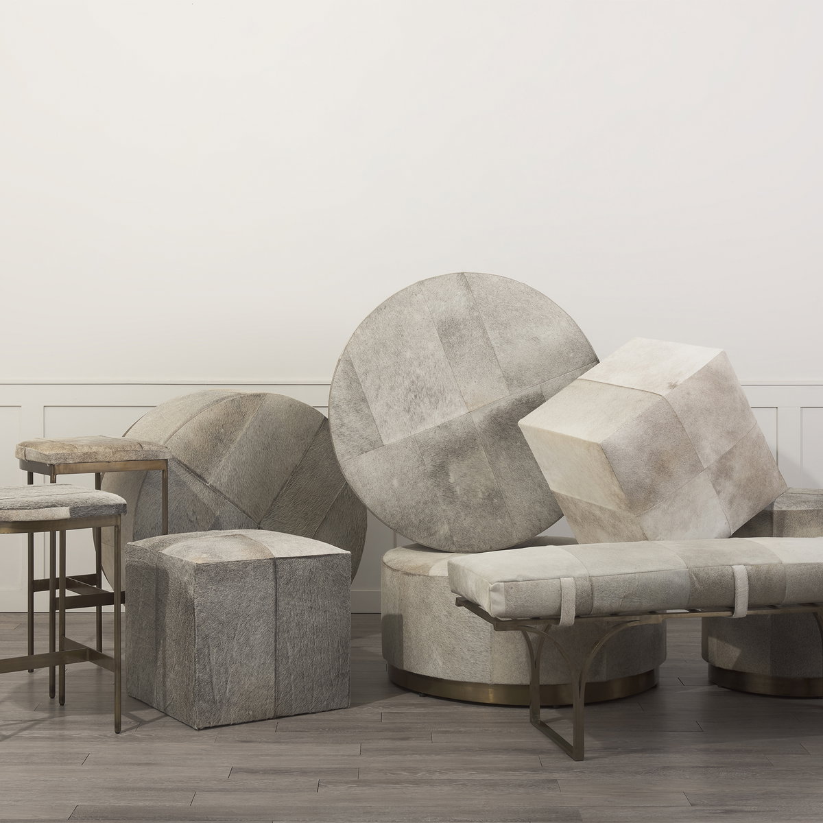 Jessie 55L x 16W White/Gray Hair-On-Hide Seat with Gold Metal Base Accent Bench, Benche by Mercana, 55" length x 16" width x 20" height View 4