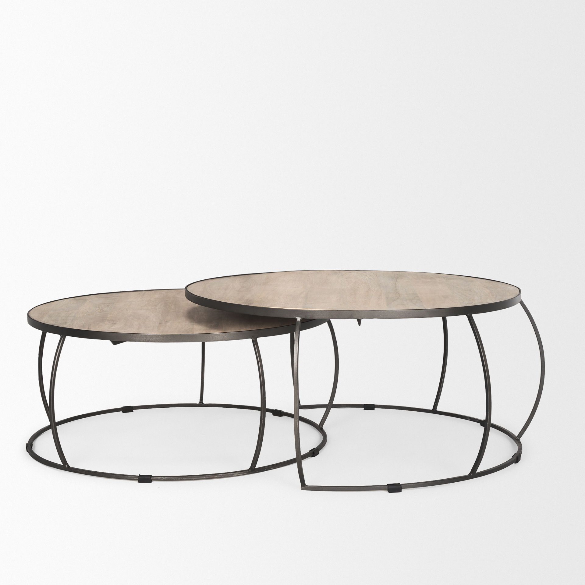 Clapp Round Light Brown with White Wash Wood and Silver Metal Nesting Coffee Tables (Set of 2), by Mercana, 44" length x 44" width x 20" height View 4