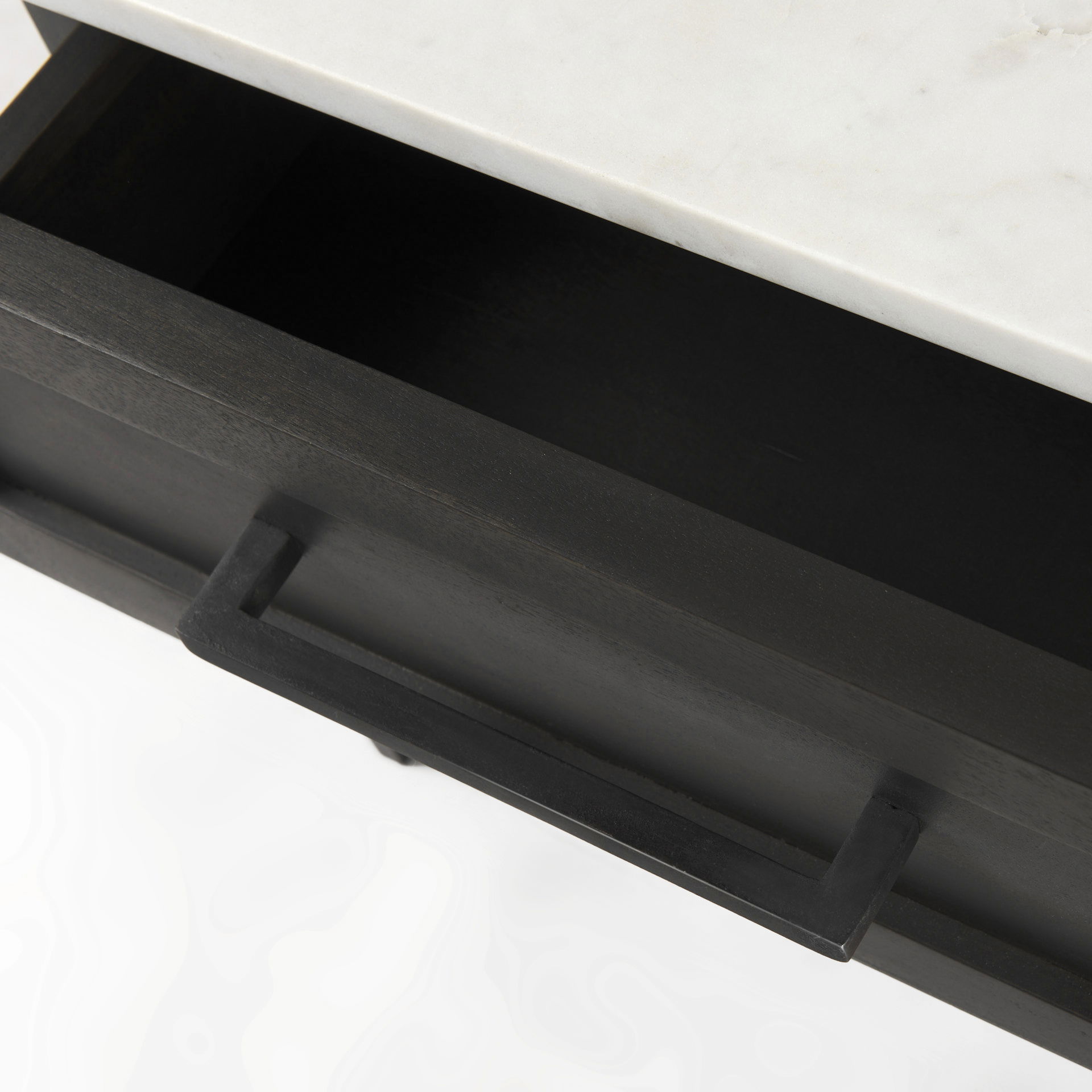 Divina Black-Brown Wood with White Marble Top and Black Metal Base 1 Drawer Side Table, Side & End Table by Mercana, 22" length x 22" width x 22" height View 11