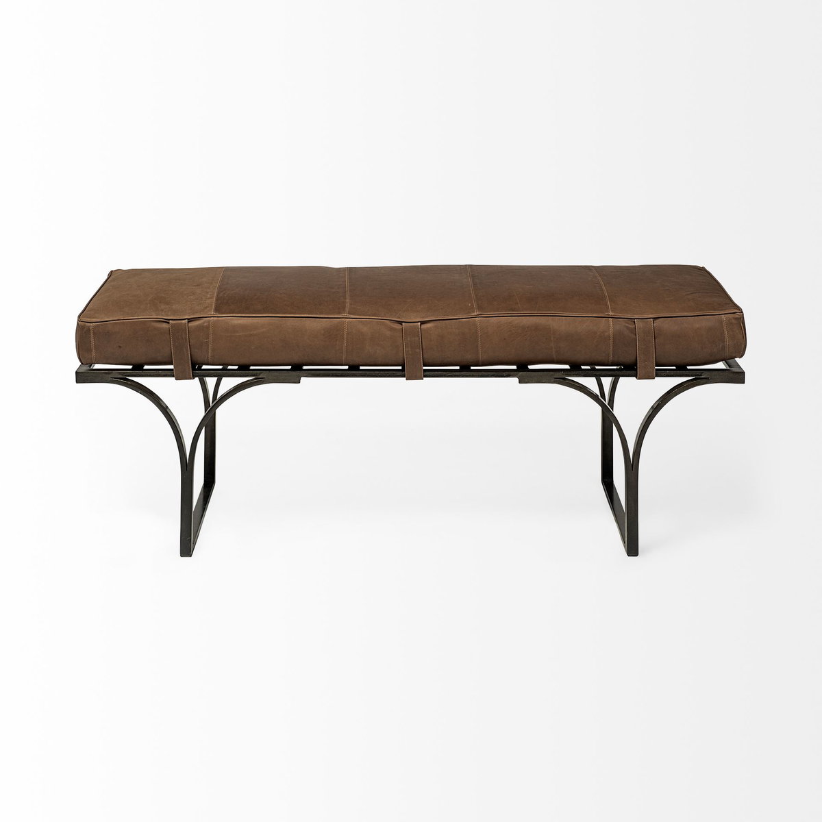 Jessie 55L x 16W Brown Leather Seat with Black Metal Base Accent Bench, Benche by Mercana, 55" length x 16" width x 20" height View 4