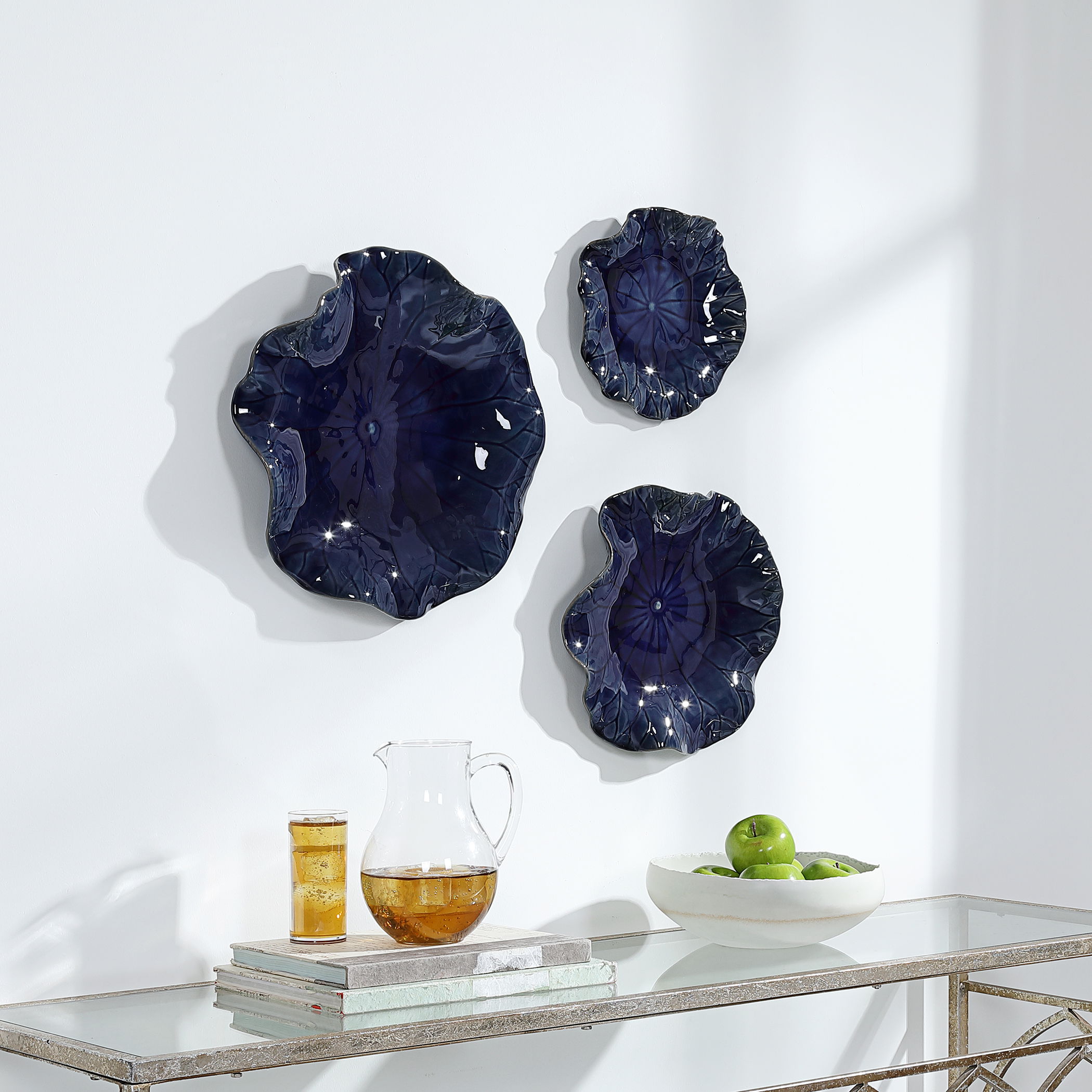 Abella Blue Ceramic Wall Decor Set/3, Sculptural Wall Art by Uttermost, 17.87" width x 17.87" height x 3.87" depth View 8