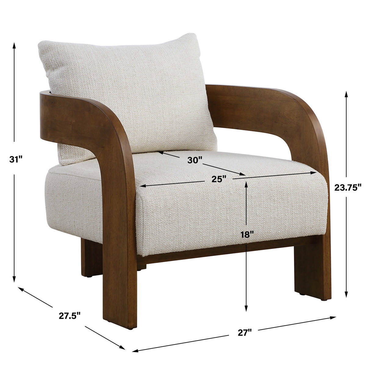 Rowan Ivory Accent Chair, by Uttermost, 27" width x 31" height x 30" depth View 3