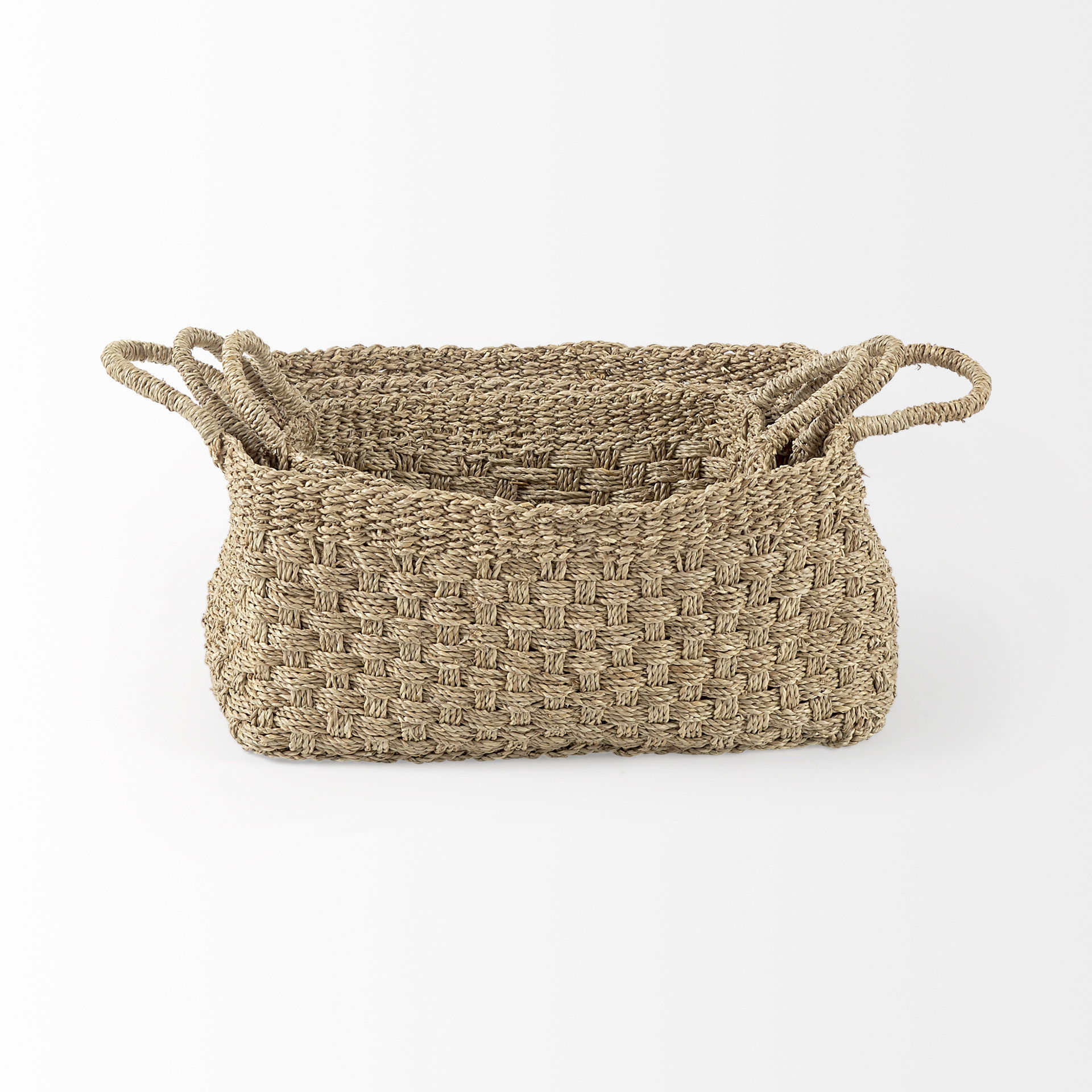 Emra  (Set of 3) Light Brown Seagrass Rectangular Basket with Handles, Bins & Basket by Mercana, 17.32" length x 11.81" width x 7.87" height View 5