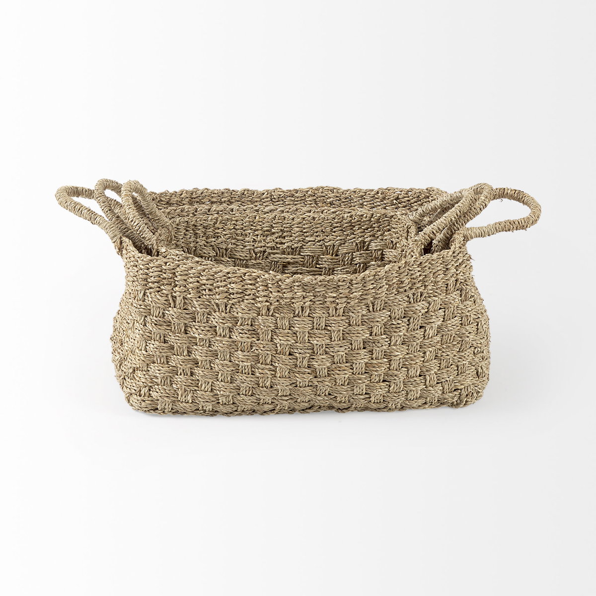 Emra (Set of 3) Light Brown Seagrass Rectangular Basket with Handles, Bins & Basket by Mercana, 17.32" length x 11.81" width x 7.87" height View 5
