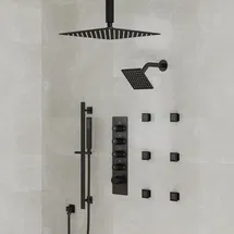 Online Designer Bathroom SFS-1031-BK16 DualJetSpa 15-Spray Patterns 16" & 6" Dual Shower Head, Shower Faucet System with Thermostatic Rough-in Valve and Body Jets