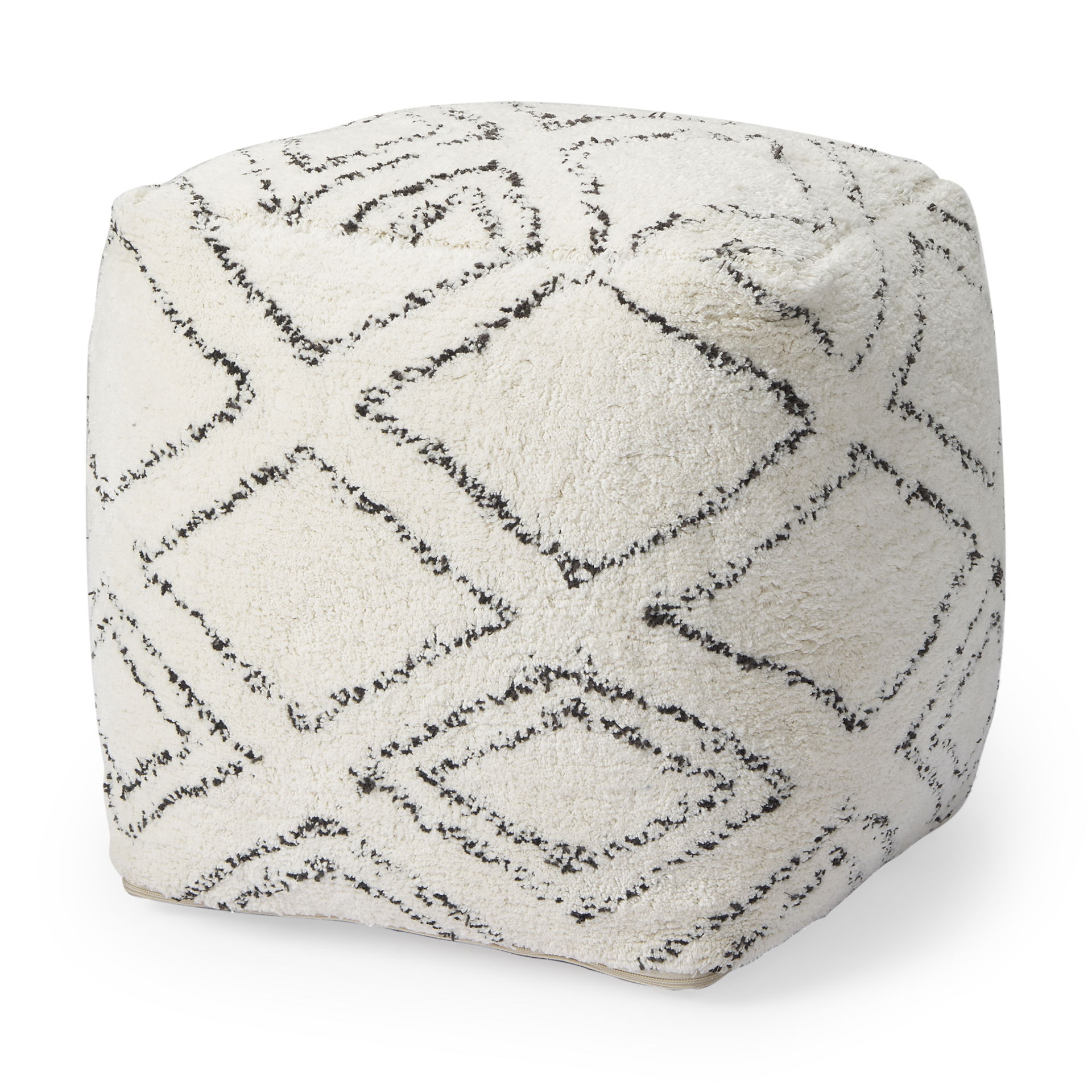 Tapir Beige Cotton Argyle Pattern Square Pouf, Ottoman by Mercana, 17.72" length x 17.72" width x 17.72" height View 1