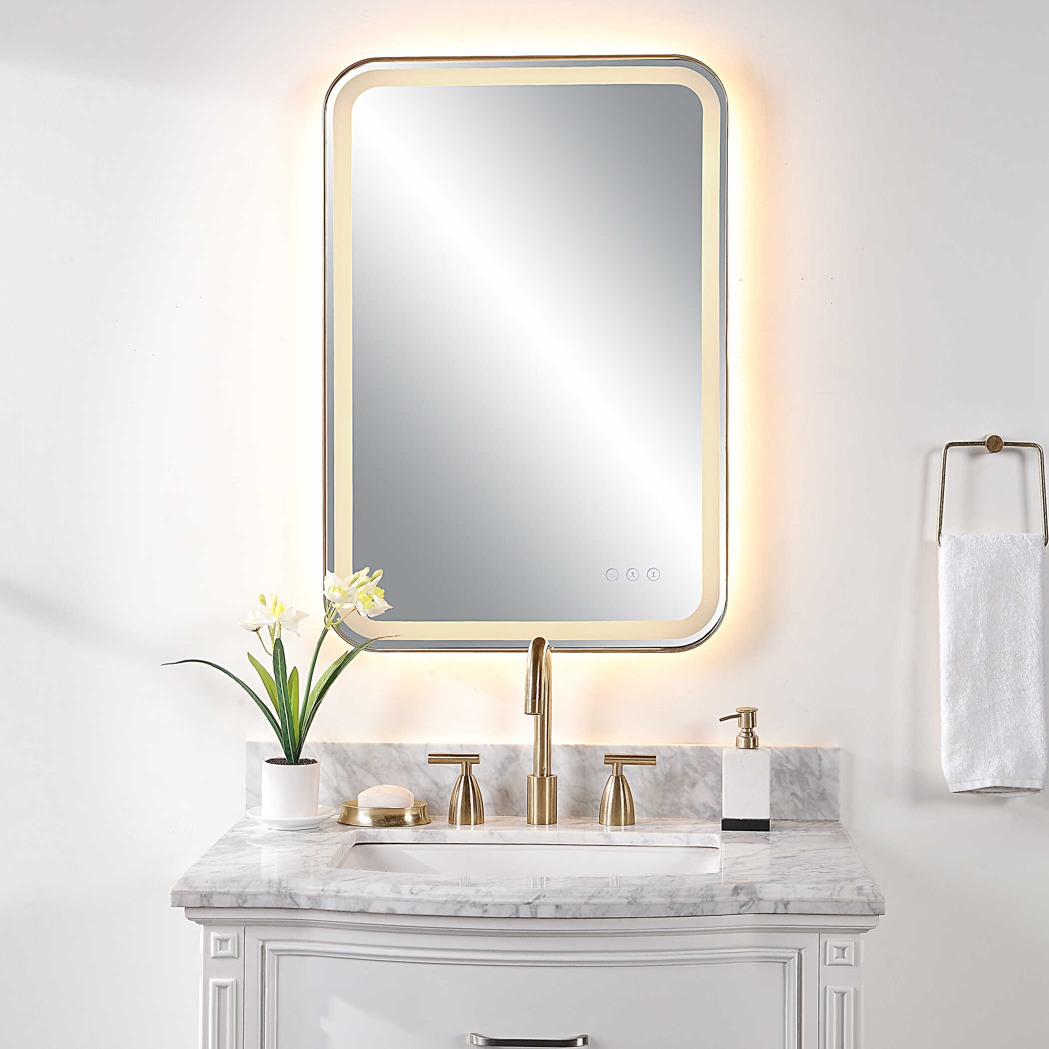 Crofton Lighted Brass Vanity Mirror, by Uttermost, 22.25" width x 32.25" height x 2.12" depth View 2