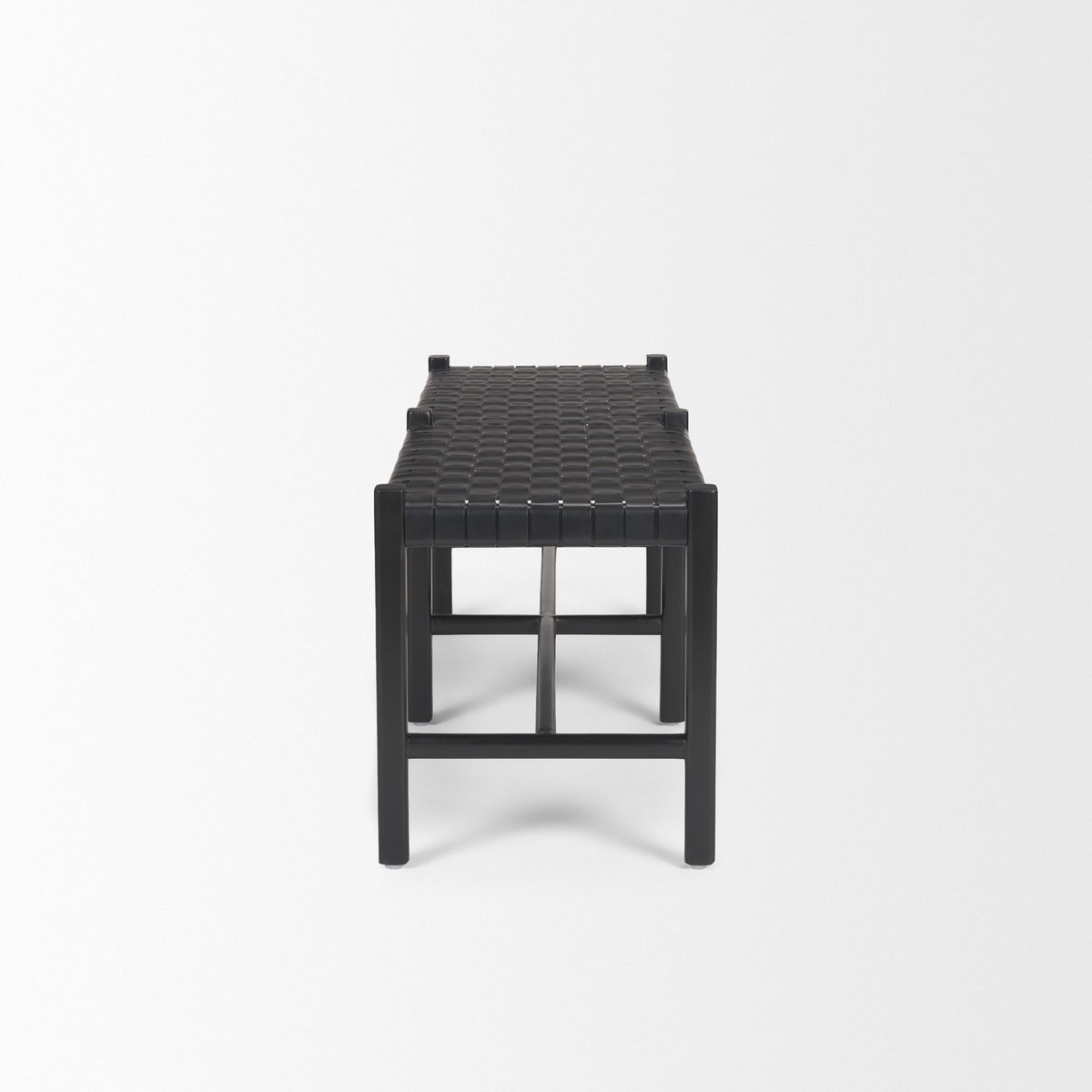 Shane Black Wood with Woven Black Leather Bench, Benche by Mercana, 52" length x 16.5" width x 18.75" height View 6