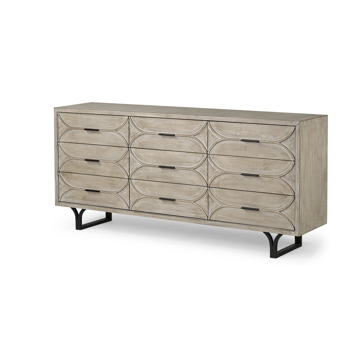 Giselle II Brown Fir Veneer with Black Metal Leg 9 Drawer Sideboard, Sideboards & Buffet by Mercana, 70.08" length x 15.94" width x 31.89" height View 1
