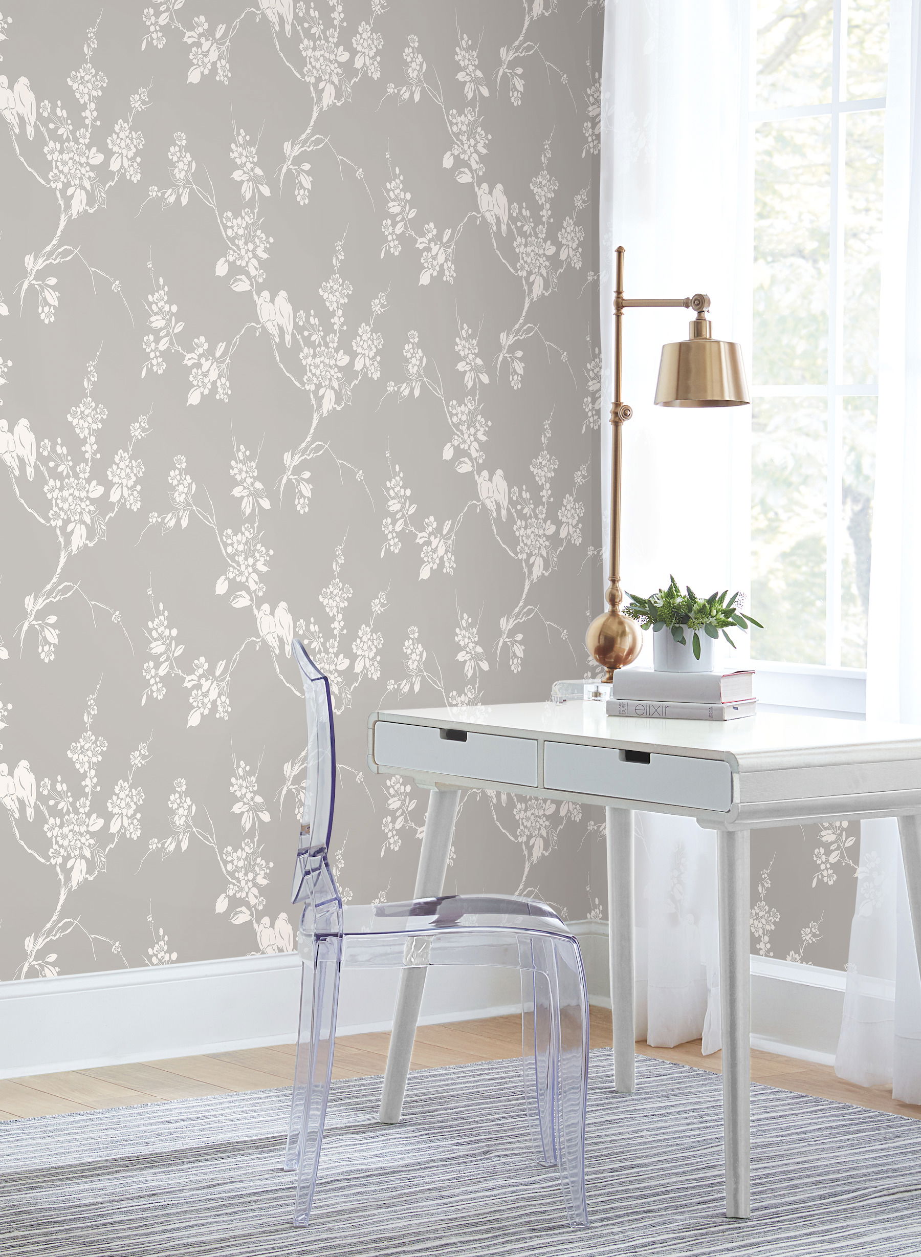 Imperial Blossoms Branch Grey & White Wallpaper large image 