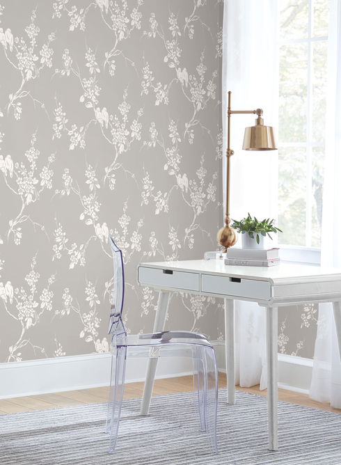 Imperial Blossoms Branch Grey & White Wallpaper