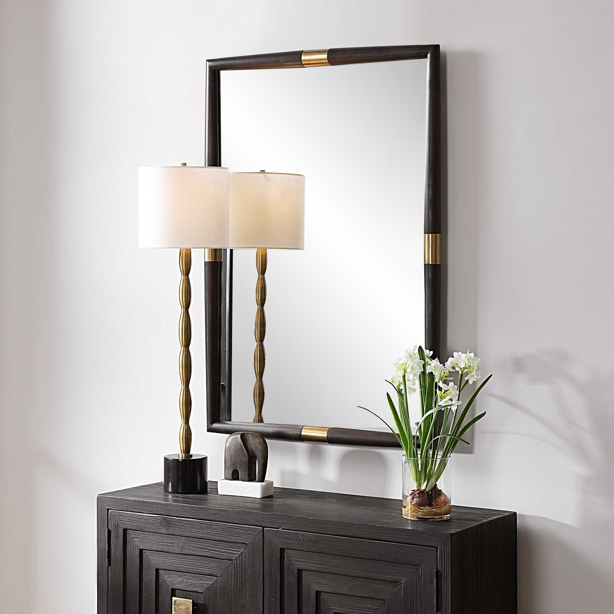 Larkin Dark Wood & Brass Mirror, by Uttermost, 29.75" width x 43.5" height x 2" depth View 4
