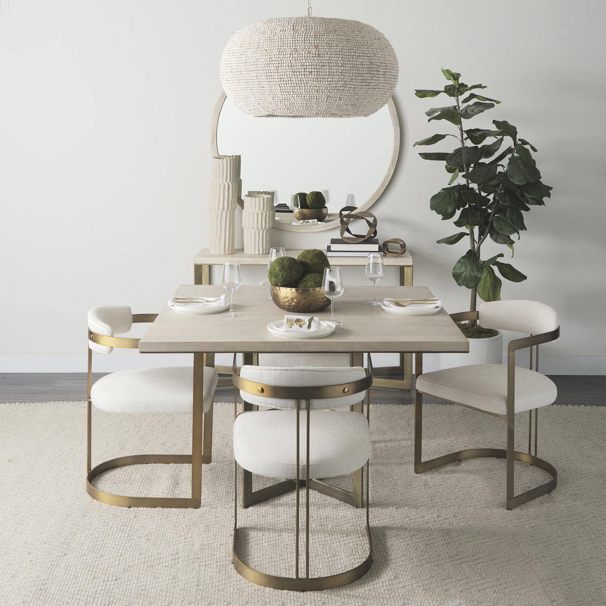 Faye 48'L x 48'W Square Dining Table | Modern | Beige Wood & Antique Gold Metal | Seats 4, by Mercana, 48" length x 48" width x 30" height View 2