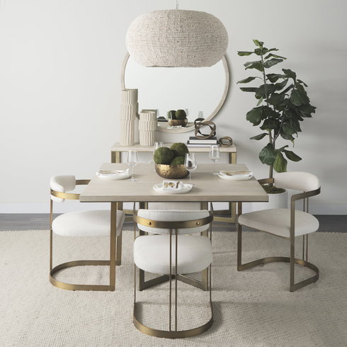 Faye 48"L x 48"W Square Dining Table | Modern | Beige Wood & Antique Gold Metal | Seats 4