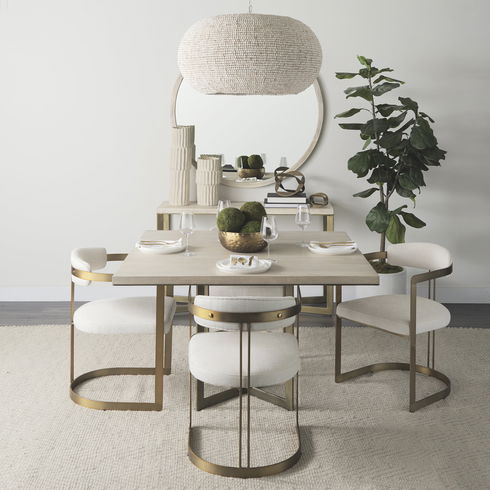 Faye I 48L x 48W x 30H Beige Finished Wood with Gold Metal Base Square Dining Table