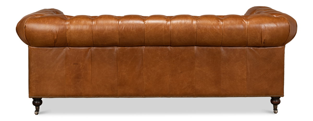 Tufted English Club Sofa  Cuba Brown, by Sarreid, 3'2" length x 7'5" width x 2'8" height View 10