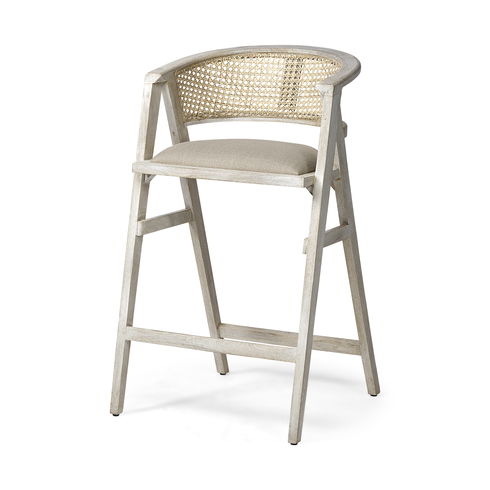 Tabitha 30.75" Seat Height Beige Fabric/Rattan Seat Blonde Wood Frame Bar Stool