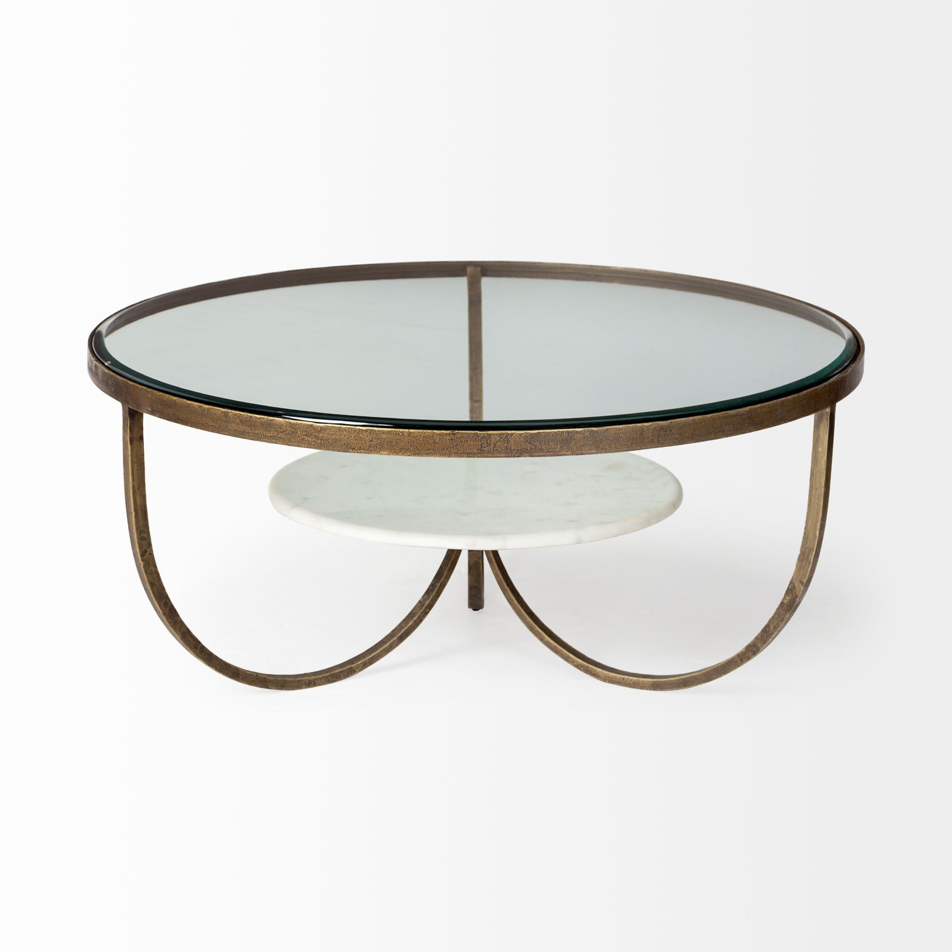 Reinhardt 36' Round Glass Top Marble Shelf Gold Metal Base Coffee Table large image 
