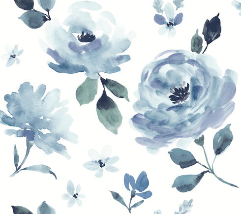 Watercolor Blooms Blue Peel & Stick Wallpaper