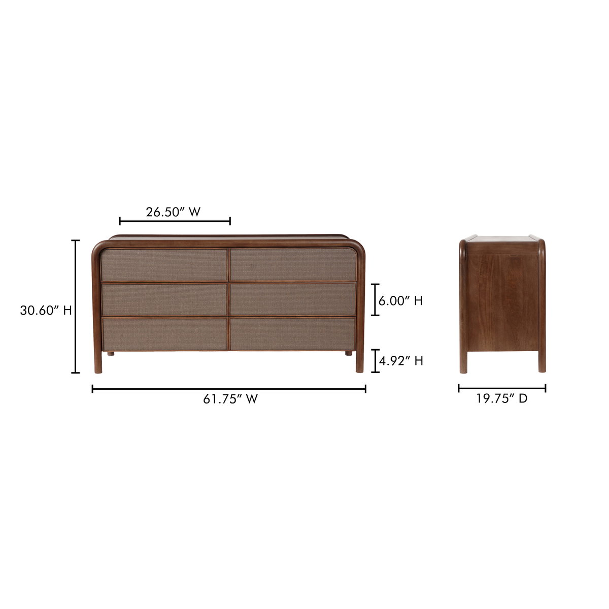 Rye 6 Drawer Dresser Warm Brown, by Moe's Home, 61.75" width x 30.6" height x 19.75" depth View 11
