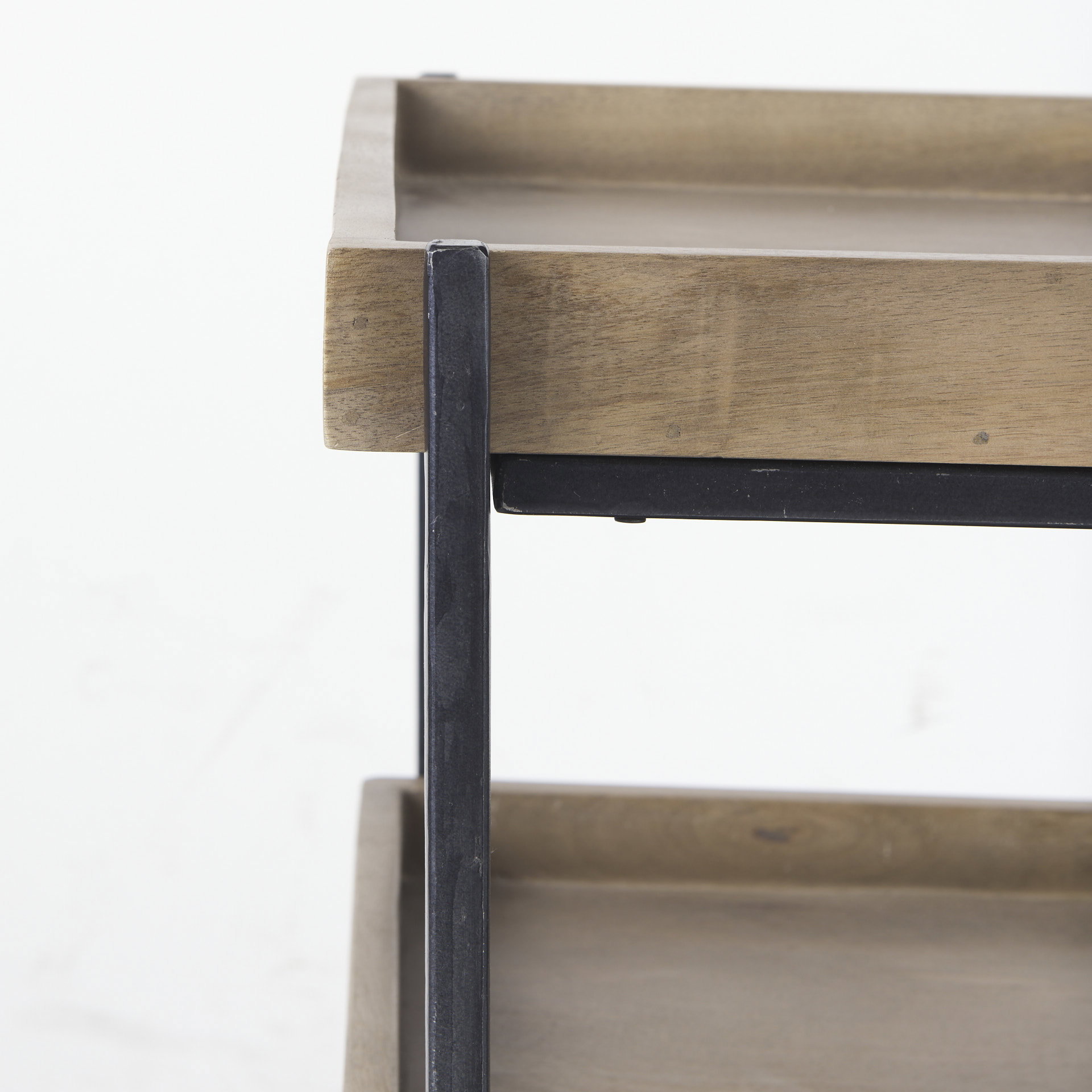 Trey III 20' x 26' Square Medium Brown Wooden Three-Tiered Black Iron Frame End/Side Table, Side & End Table by Mercana, 20" length x 20" width x 26" height View 9