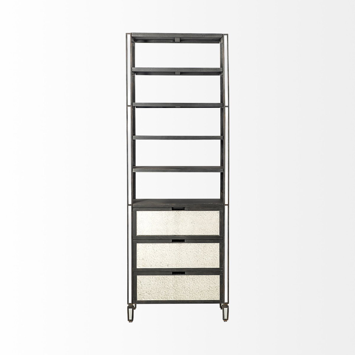 Sunnyvale 32L x 18W x 90H Dark Brown Solid Wood and Mirrored Glass Four Shelf Shelving Unit, Shelving & Bookcase by Mercana, 32" length x 18" width x 90" height View 3