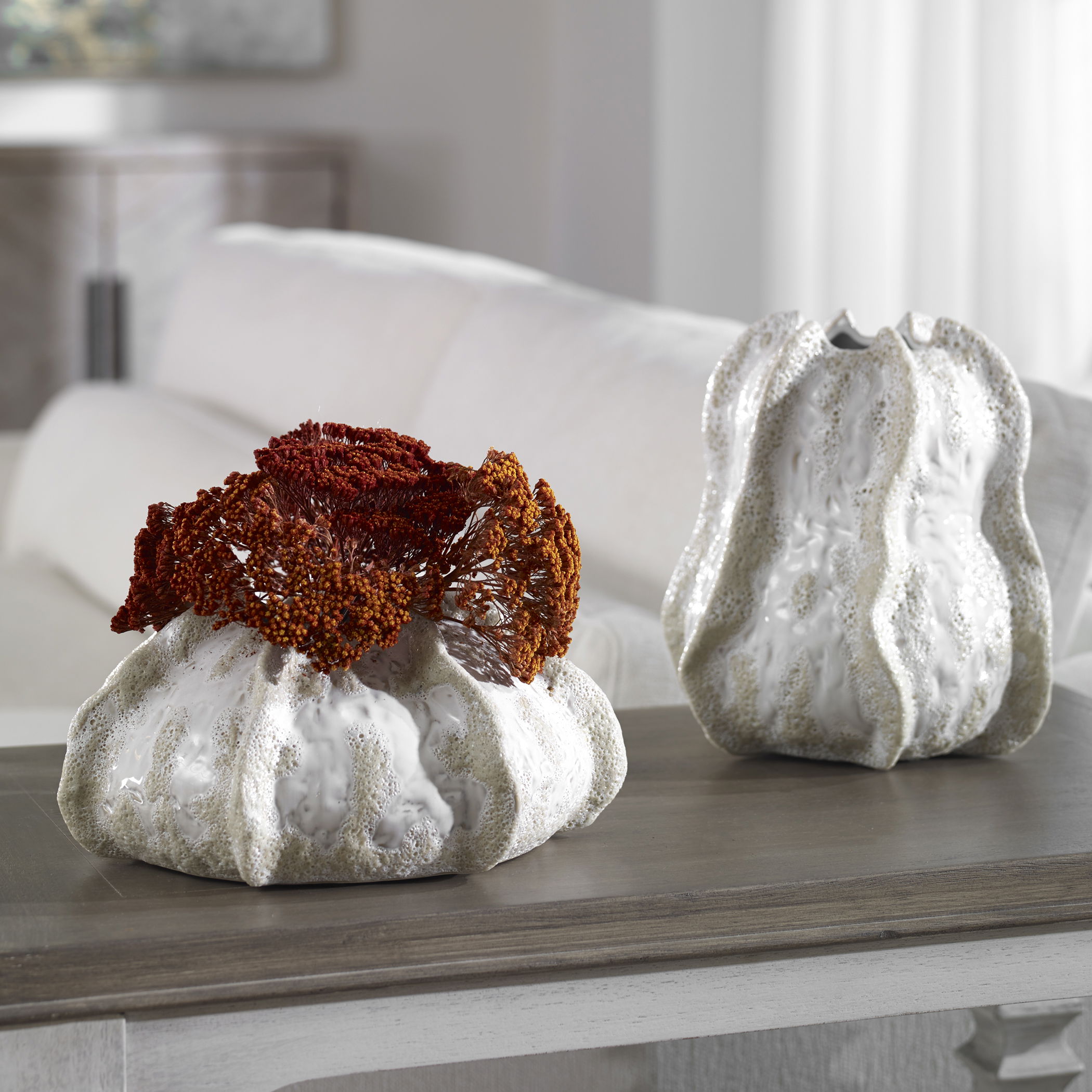 Urchin Textured Ivory Vases Set/2 large image 