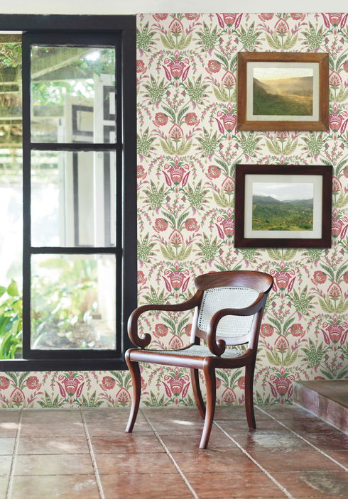 Seaside Jacobean Green & Red Wallpaper