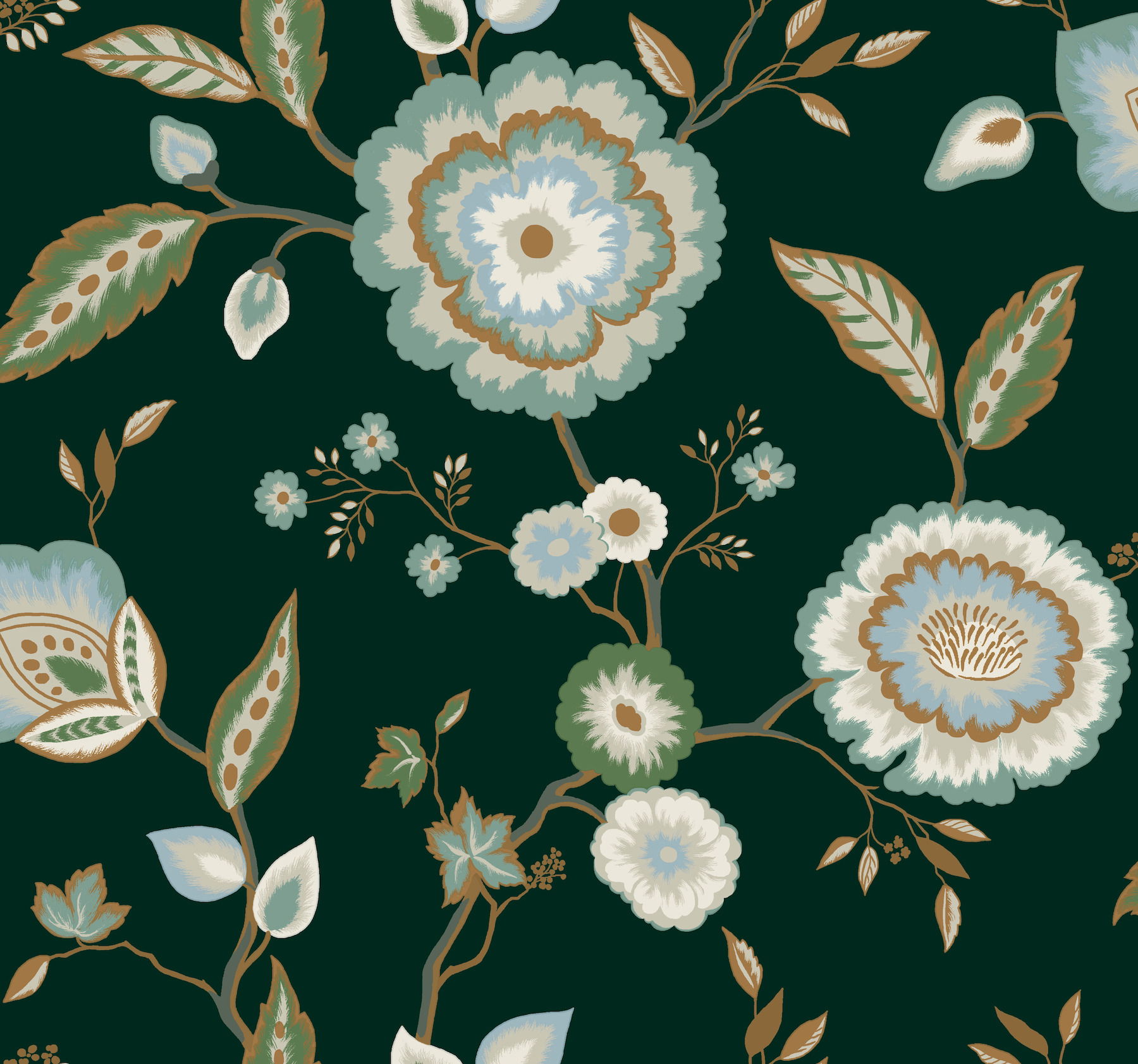 Dahlia Blooms Green & Blue Metallic Wallpaper large image 