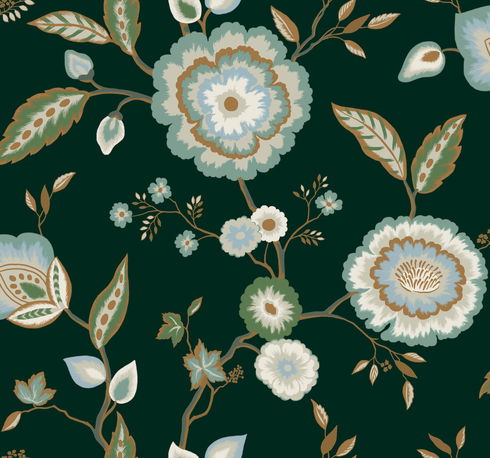 Dahlia Blooms Green & Blue Metallic Wallpaper