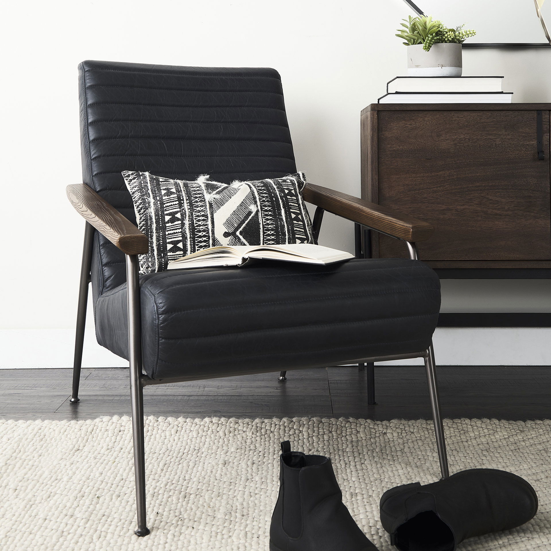 Grosjean Black Leather Wrap Metal Frame Accent Chair large image 