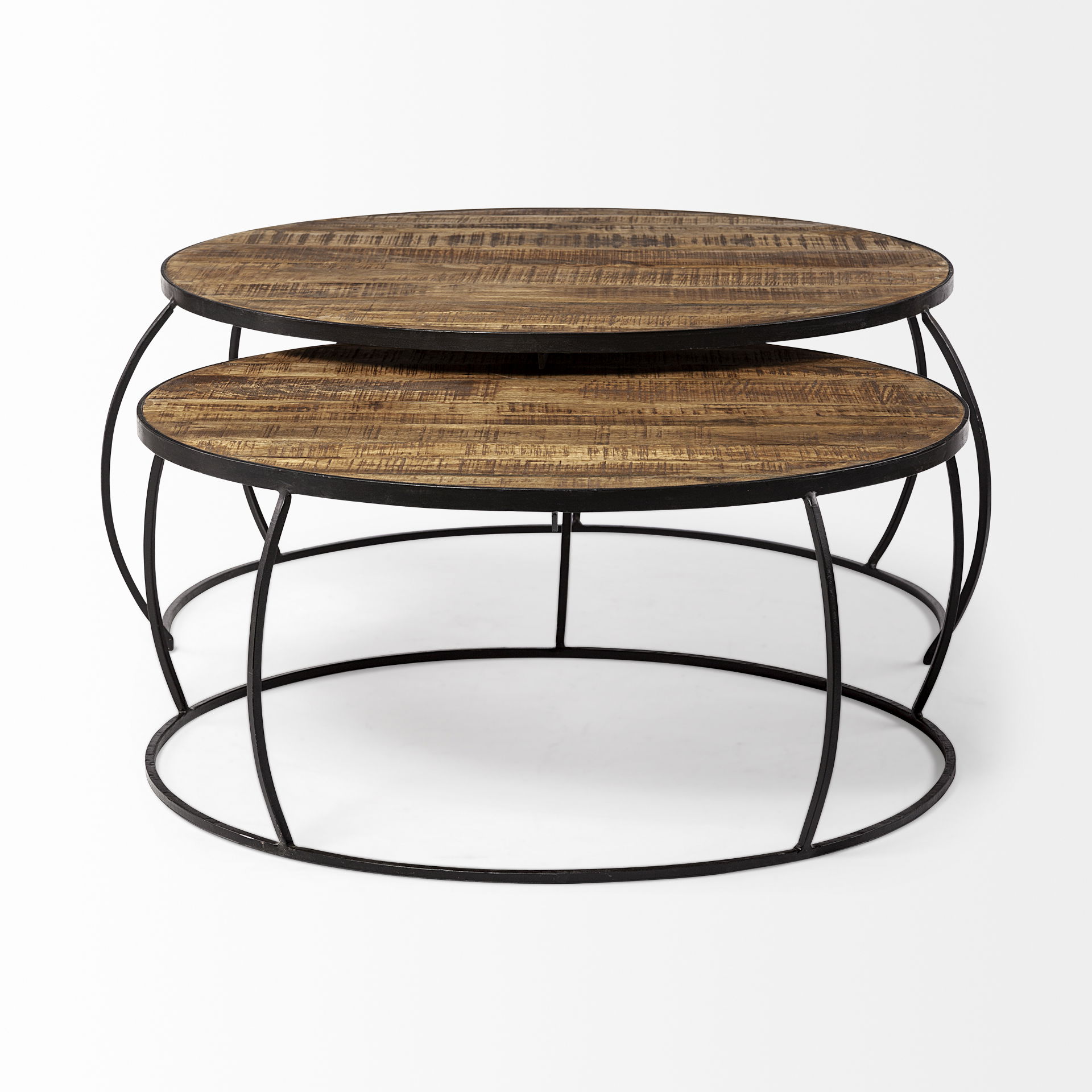 Clapp I Set of 2 (41' & 38') Round Brown Wood Top Black Iron Base Nesting Coffee Tables, by Mercana, 44" length x 44" width x 20" height View 4