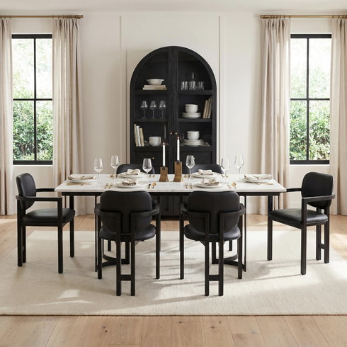 Tanner 71"L x 35"W Rectangular Pedestal Dining Table | Modern | White Marble & Black Metal | Seats 6