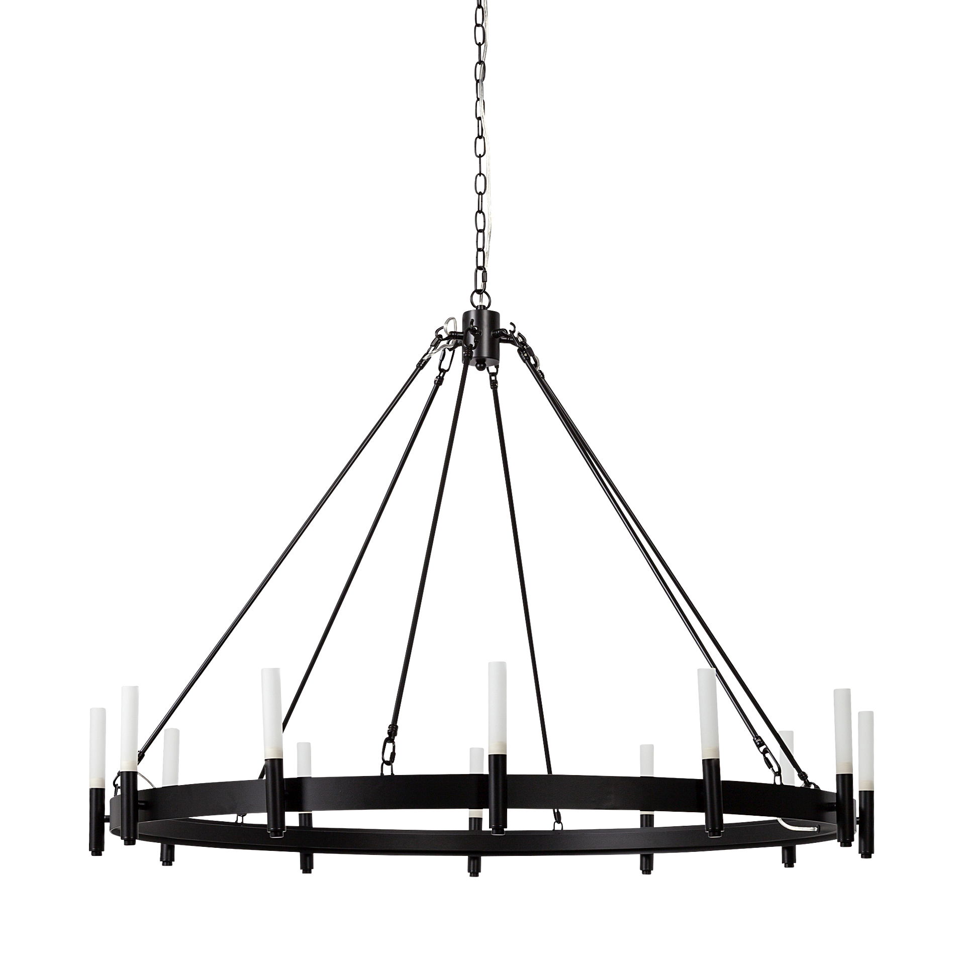 Decamp I (47.2'x36.2') Black Metal Chassis Glass Tube Twelve Light Chandelier, by Mercana, 47.24" length x 47.24" width x 36.22" height View 1