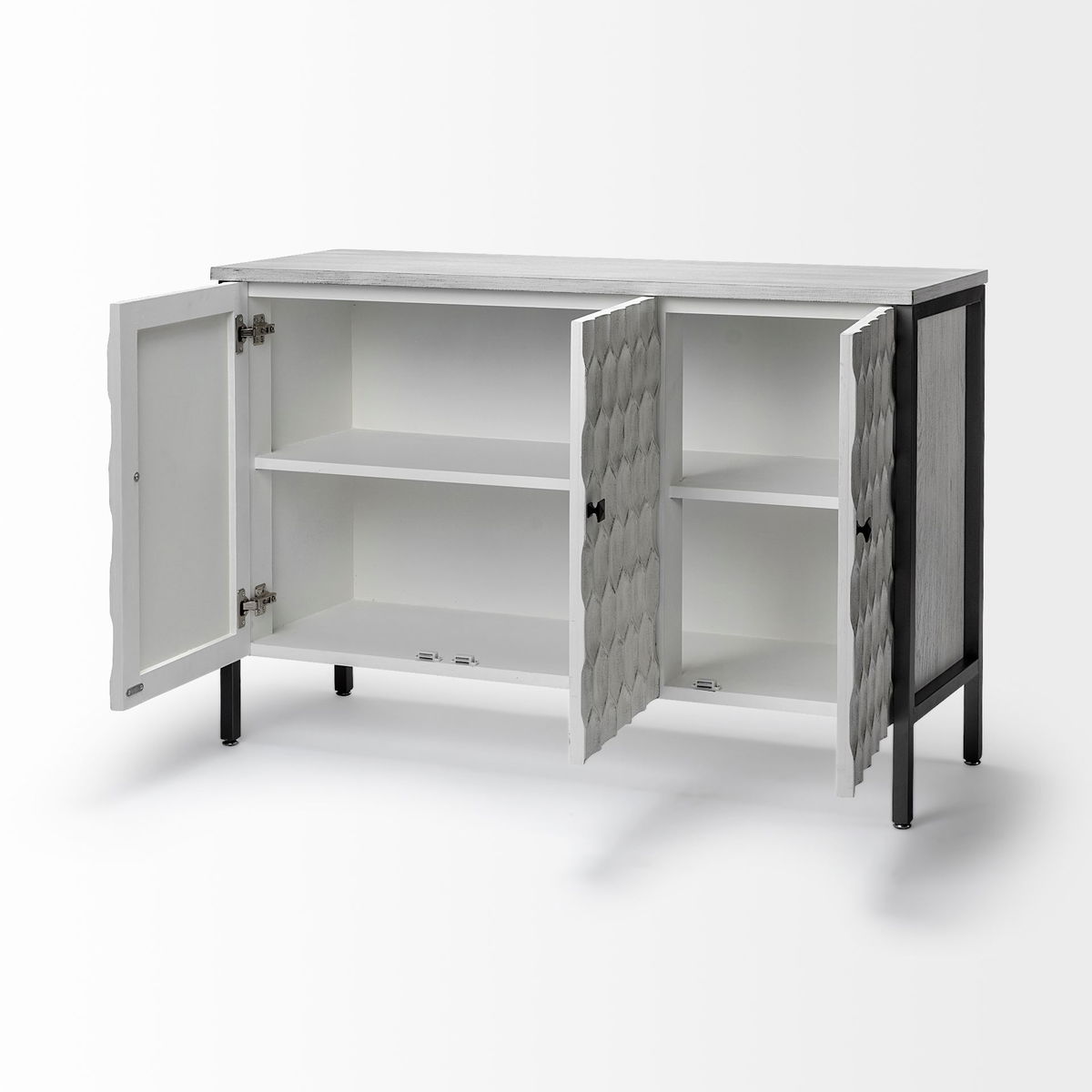 Savannah White Fir Veneer & Gray Metal 3-Door Accent Cabinet, Cabinets & Chest by Mercana, 47.24" length x 15.75" width x 31.5" height View 6