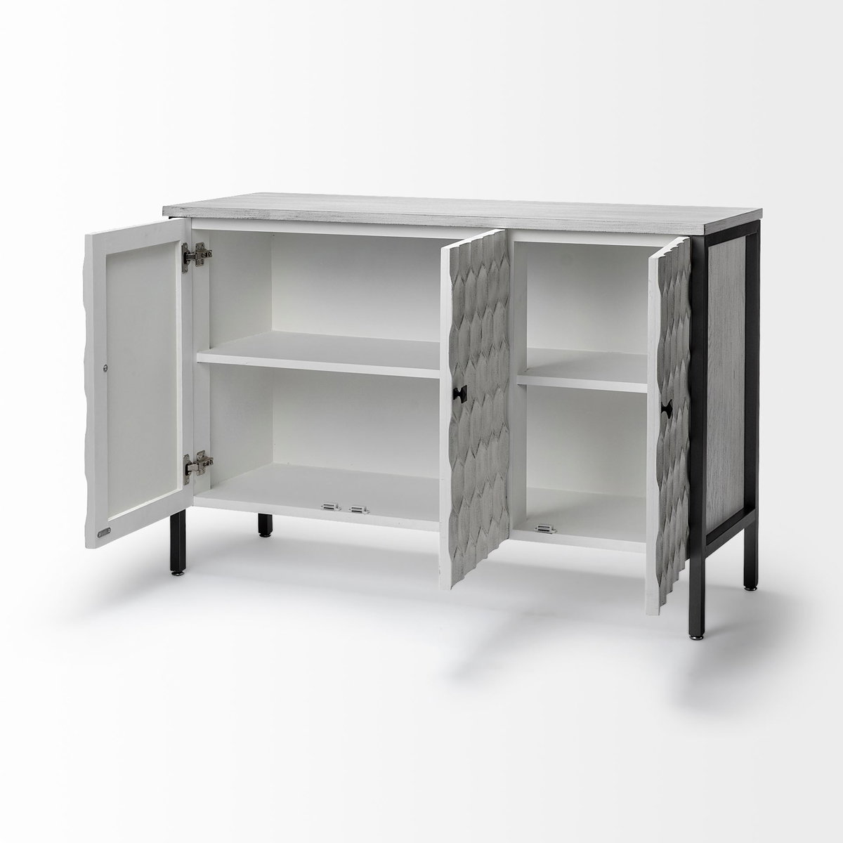 Savannah White Fir Veneer & Gray Metal 3-Door Accent Cabinet, Cabinets & Chest by Mercana, 47.24" length x 15.75" width x 31.5" height View 6