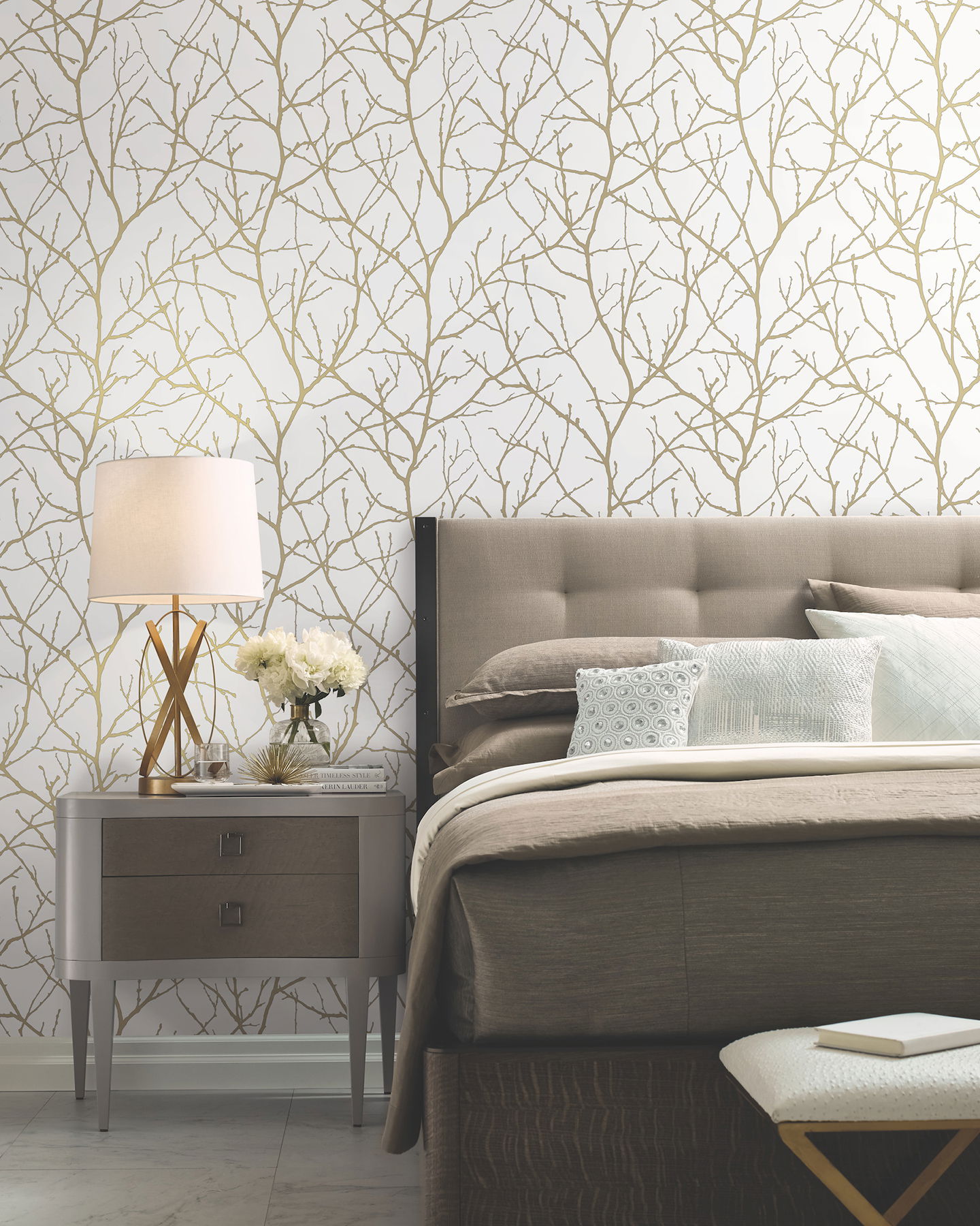 Trees Silhouette White & Gold Wallpaper large image 
