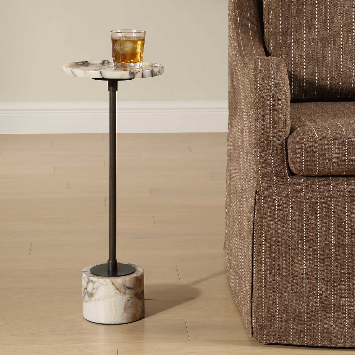 Brunson White Marble Drink Table, Side & End Table by Uttermost, 9.5" width x 24" height x 9.5" depth View 3
