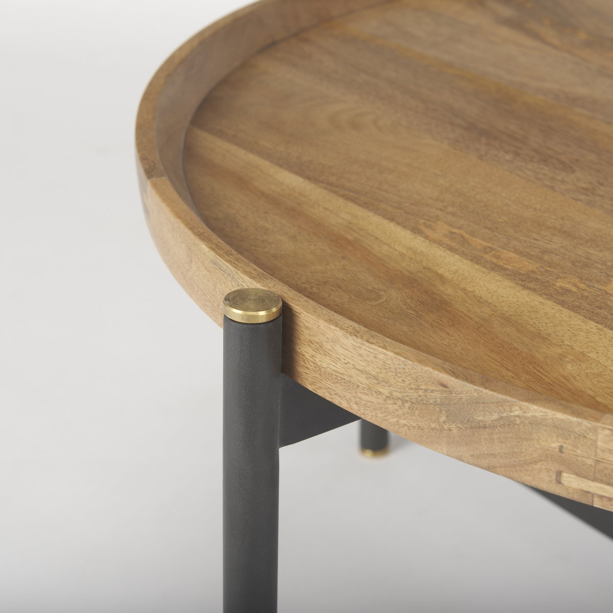 Marquisa 34.25' Round Small Brown Wood with Black Metal Coffee Table, by Mercana, 34.25" length x 34.25" width x 16.5" height View 6