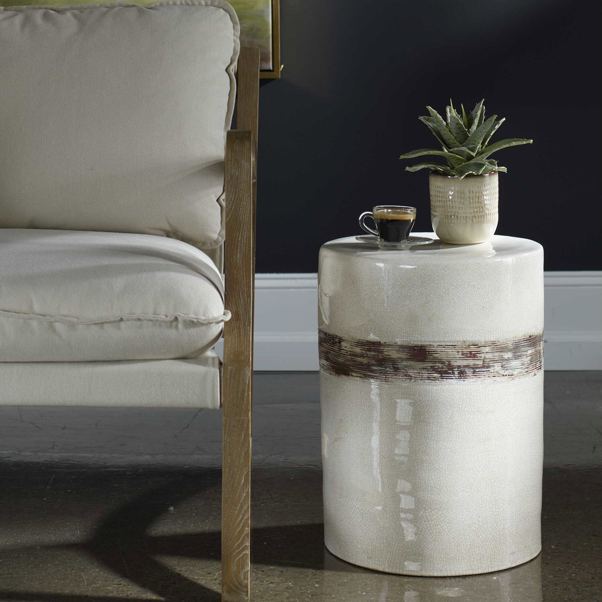 Comanche White Ceramic Garden Stool, Side & End Table by Uttermost, 13" width x 18" height x 13" depth View 2