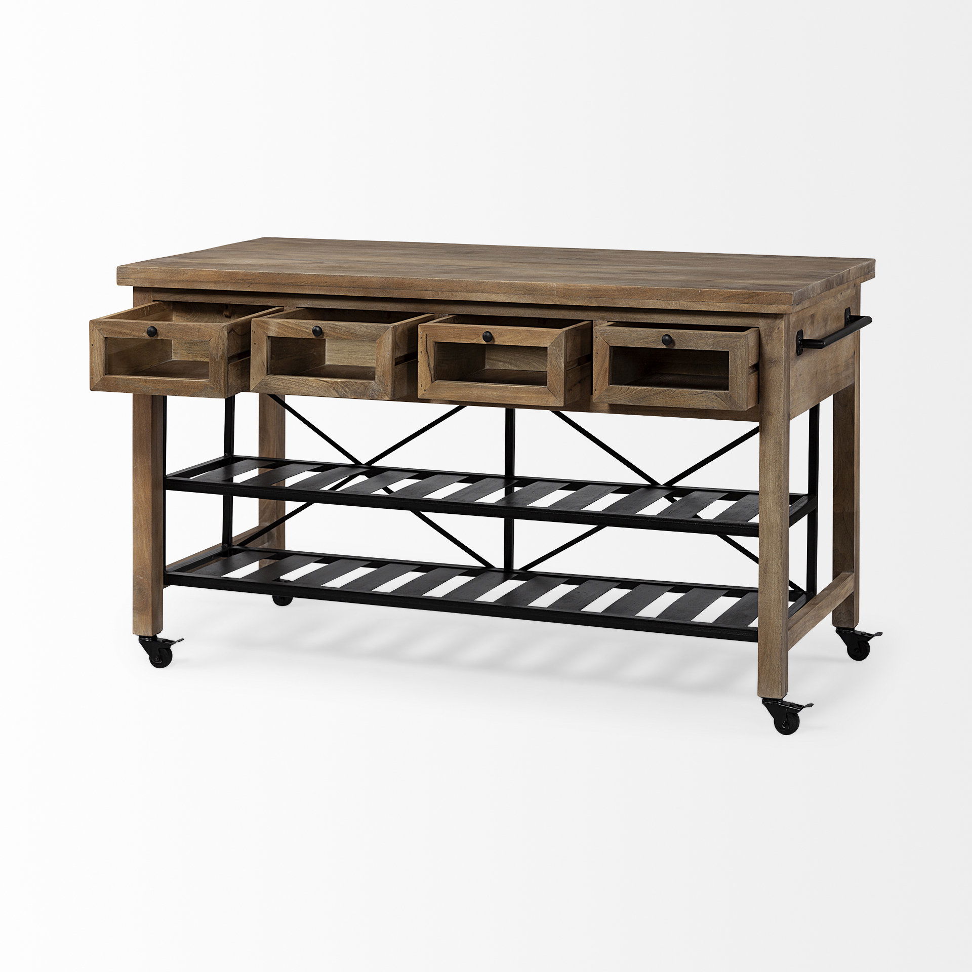 Stuart I Brown Solid Wood Top Two-Tier Black Metal Rolling Kitchen Island, by Mercana, 28" length x 63" width x 34.75" height View 8