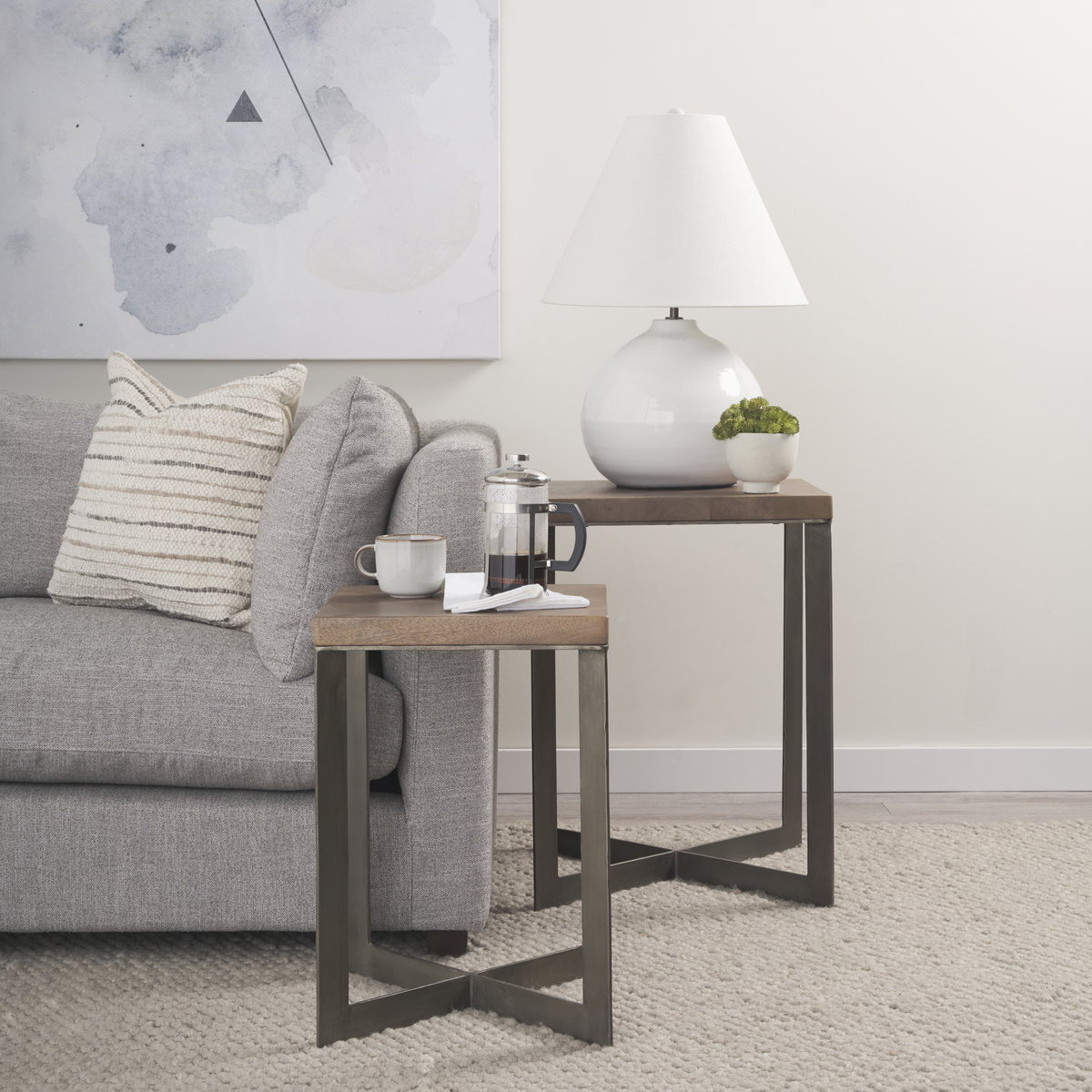 Faye (Set of 2) 19L x 19W x 26H Medium Brown Wood with Metal Base Accent Tables, Side & End Table by Mercana, 19" length x 19" width x 26" height View 4