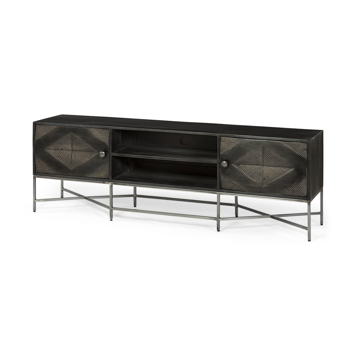 Hogarth I Dark Brown Solid Wood TV Stand Media Console with Storage, TV up to 81', by Mercana, 70.5" length x 16" width x 23.25" height View 1