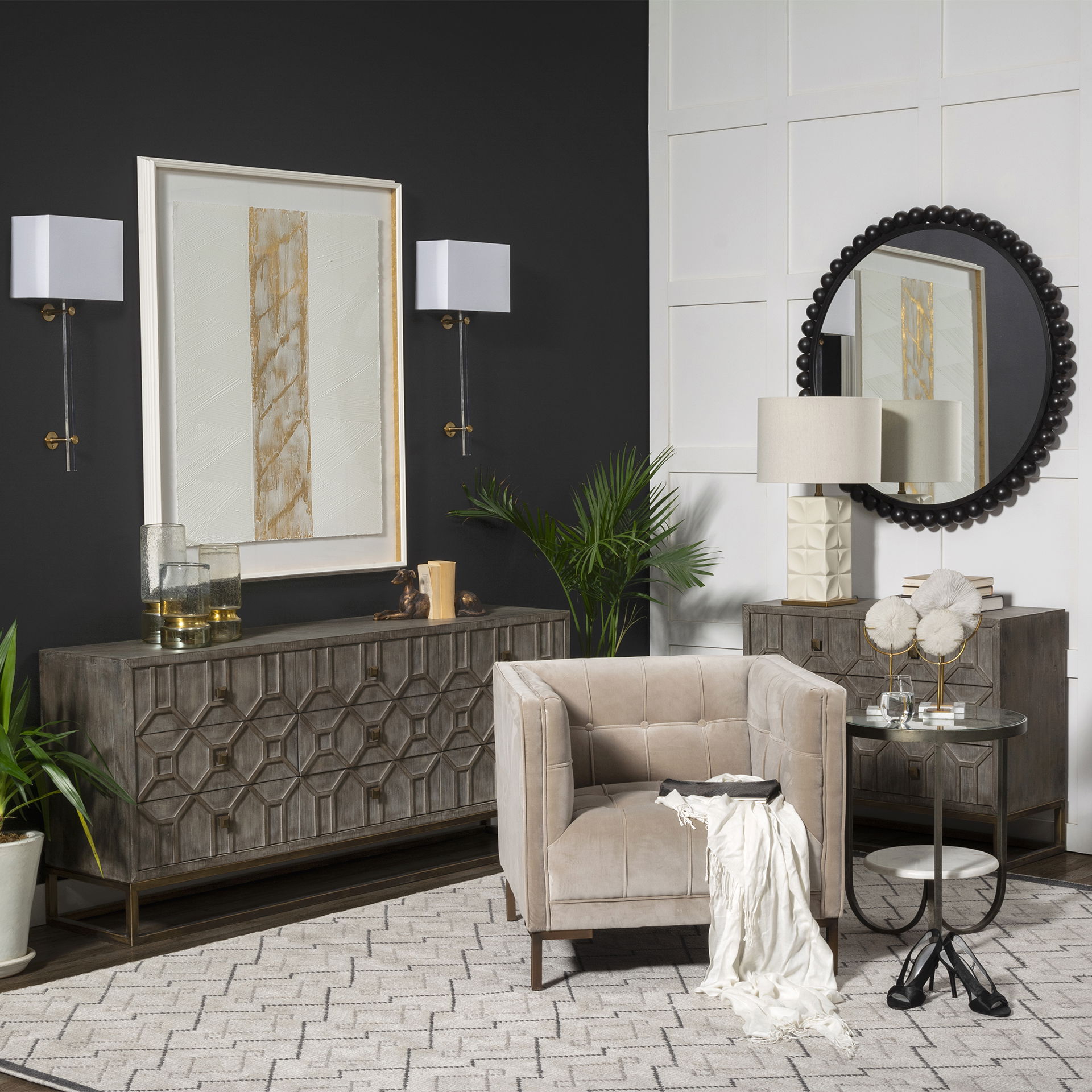 Genevieve II 70x15.8 Gray Fir Veneer with Gold Metal Frame Base 9 Drawer Sideboard large image 