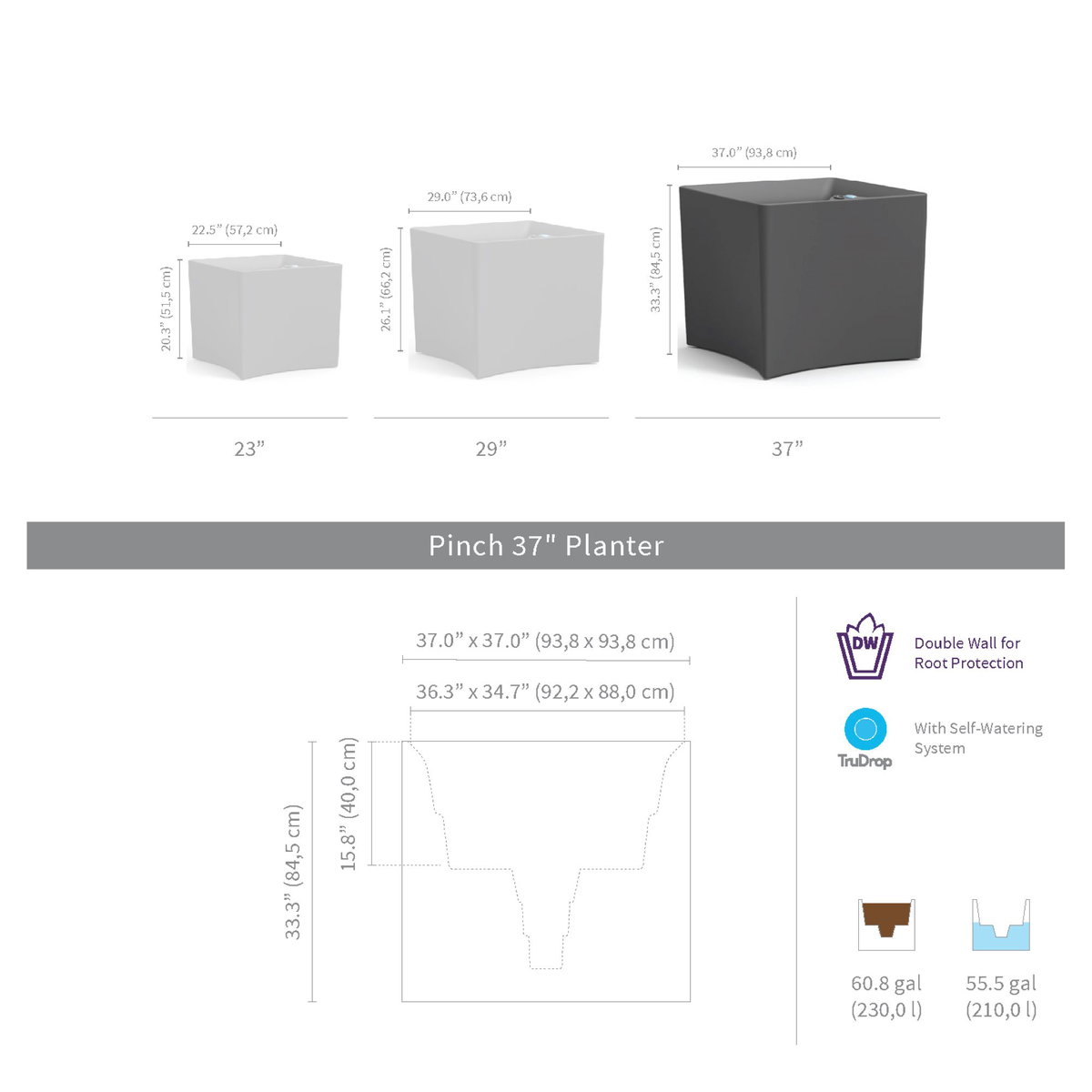 TruDrop Pinch Self Watering Square Planter - Commercial Size Planter, by Crescent Garden, 36.89" width x 32.52" height x 36.89" depth View 5